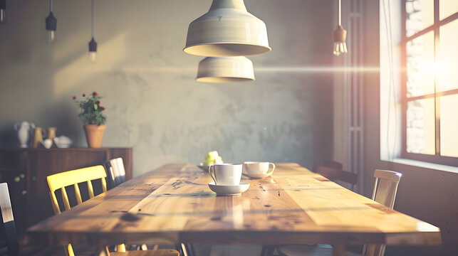 Minimalist rustic concept of dining room interior with wooden family table design retro chairs cup of coffee decoration pedant lamp and personal accessories in stylish home decor Templ : Generative AI