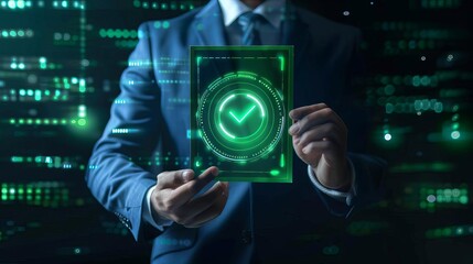 green compliance certification hologram held by businessman 3d illustration