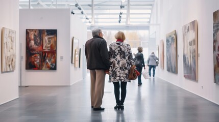 Art Gallery Visit, Elderly couple exploring a contemporary art gallery, Cultural leisure activity
