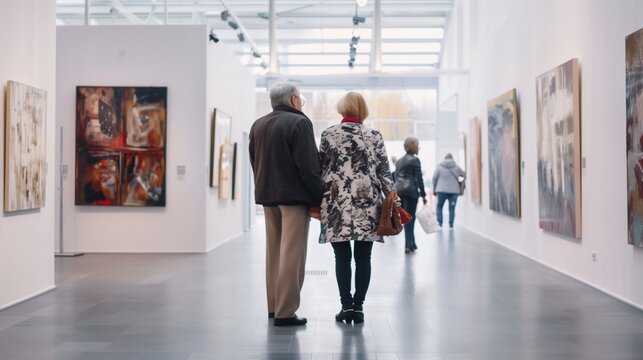Art Gallery Visit, Elderly couple exploring a contemporary art gallery, Cultural leisure activity
