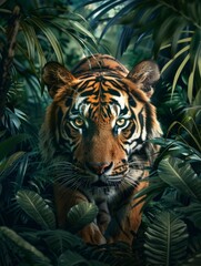 A majestic tiger, its eyes glowing with an intense focus as it slides through the dense foliage of a jungle.