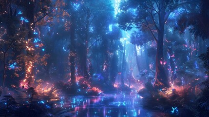 Fototapeta premium Enchanted Bioluminescent Forest with Mythical Creatures in a Fantastical Dreamscape Landscape