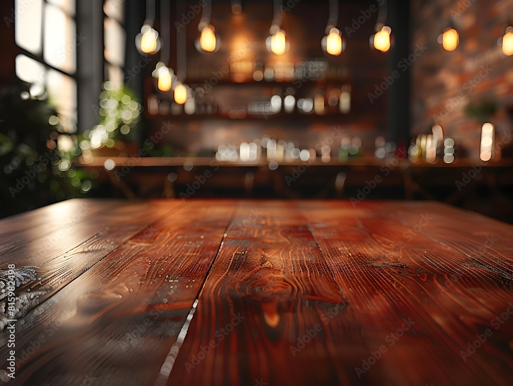 Poster Elegant Mahogany Table Top in Upscale Steakhouse Setting with Diffused Lighting