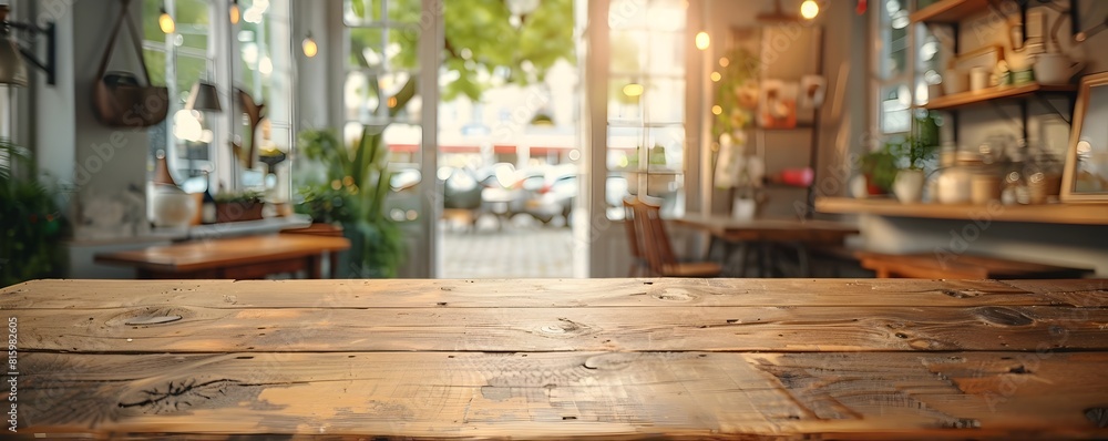 Poster rustic pine table in cozy coffee shop with soft focus background providing copy space for design des