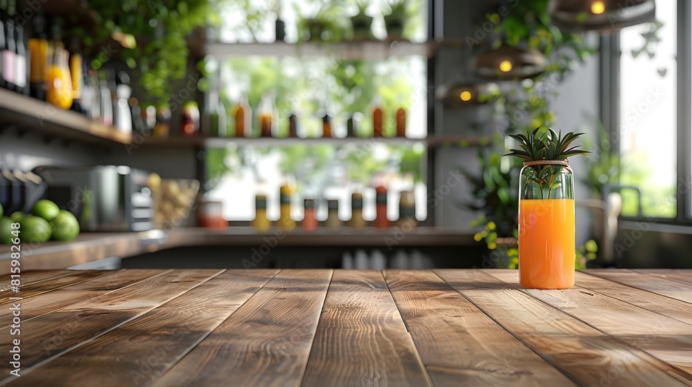 Poster modular wooden table in blurred hipster cafe setting with copy space
