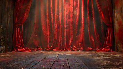 Dramatic Red Theater Curtains Reveal Empty Wooden Stage for Performance Announcements