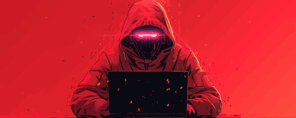 acker with hidden face, working on laptop cyberpunk. vector simple illustration