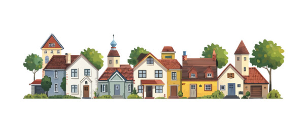 Cartoon small town houses, minimalism city buildings. Isolated on a white background. vector simple illustratio