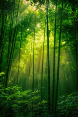 Obraz premium A serene bamboo forest bathed in soft sunlight, with slender bamboo stalks stretching towards the sky and lush green foliage filtering the dappled light, creating a tranquil oasis of natural beauty.