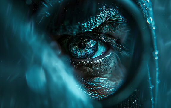 Capture a close-up shot of a secretive spy peering through the lens of a robotic eye