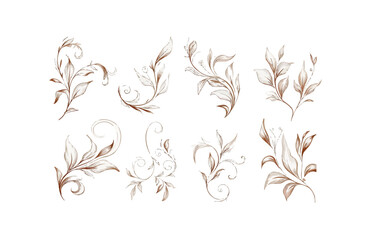 Set of floral design elements, frames and labels made with continuous line drawing. Hand drawn vector laurel leaves decorative elements. Leaves, swirls, ornate, award, icon. Vector illustration