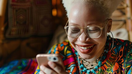 happy african albino woman texting on smartphone lifestyle photo - Powered by Adobe