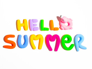 Hello summer 3D text from airy bright, multicolored plasticine with elements of summer, beach, starfish, slates On white background 