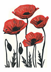 Red Poppies Field linocut Illustration as Remembrance Day peaceful symbol