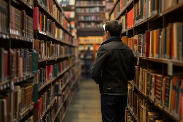 Back view of a young person browsing books in a cozy library