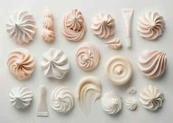 Stylish cosmetic products on a white background, different shapes of cream and meringue in the style of top