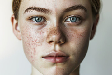 Obraz premium Split face closeup portrait of young caucasian woman, before and after acne treatment