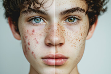 Fototapeta premium Split face portrait of young caucasian male, before and after acne treatment