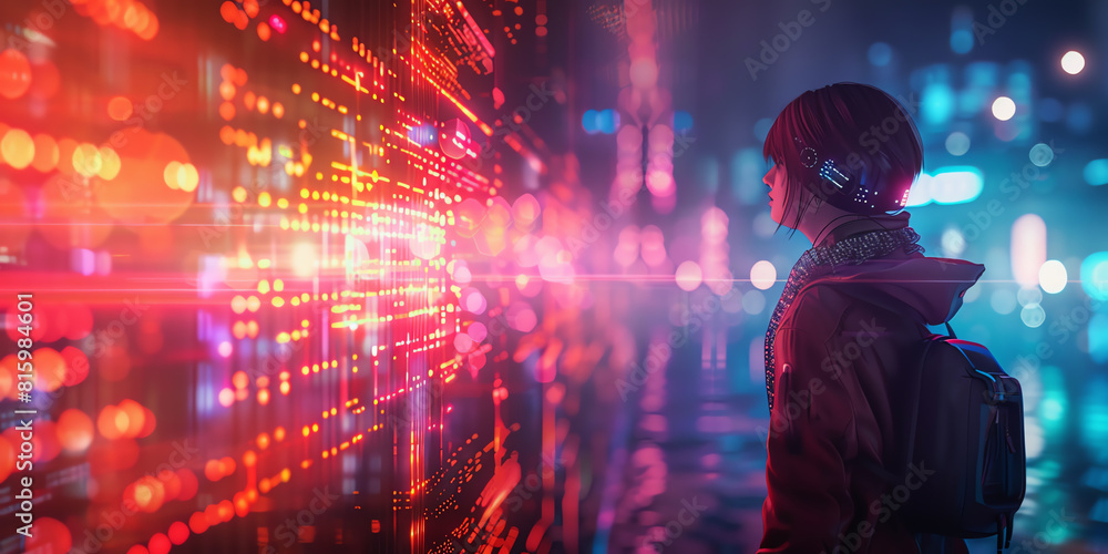 Aufkleber design a digital artwork depicting a futuristic holographic display projecting from a side view pers