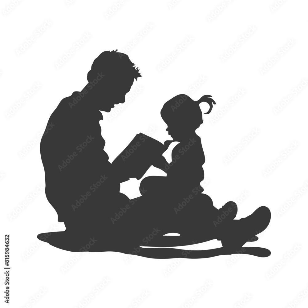 Poster Silhouette father reading a book to child full body black color only - Posters