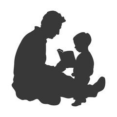Silhouette father reading a book to child full body black color only