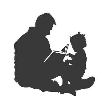 recommend clip art: Silhouette father reading a book to child full body black color only