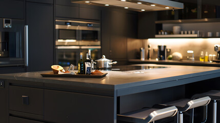 Modern dark grey  kitchen with island : Generative AI