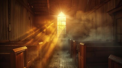 heavenly light streaming through church window illuminating wooden pews