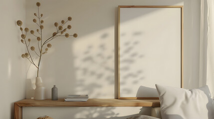 Stylish composition of modern living room interior Mock up poster frame wooden shelf modern sofa and creative personal accessories Eucalyptus wall Home staging Template Copy space : Generative AI