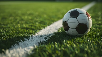 Fototapeta premium Close up of a dark brown and white Soccer Ball next to a white Line on a green Pitch. Football Background