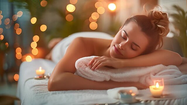 A Beautiful Woman relaxing and recieving a massage in spa room.