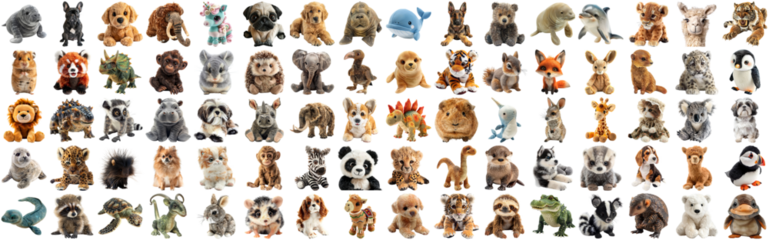 Big set of cute fluffy animal dolls for nursery and children toys, many animal plush dolls photo collection set, isolated background AIG44