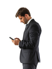 Business using smart phone for messaging white background