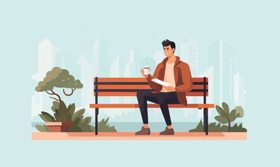 person on bench drinking coffee vector flat isolated illustration -