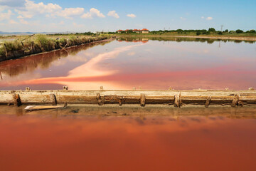 One of the pools at the Burgas Salt Pans, water of intense pink color, Lake Atanasovsko, Atanasovo,...