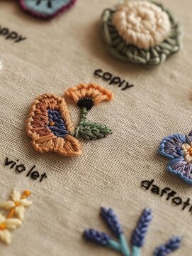 colorful flowers embroidered with their names ona linen cloth