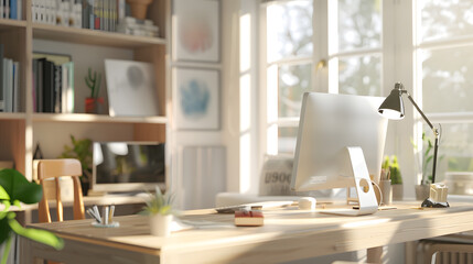 Clean bright and empty home office interior organized with a computer and desk inside Modern contemporary and work space view of a decorated room with stylish decor and wooden furnitur : Generative AI