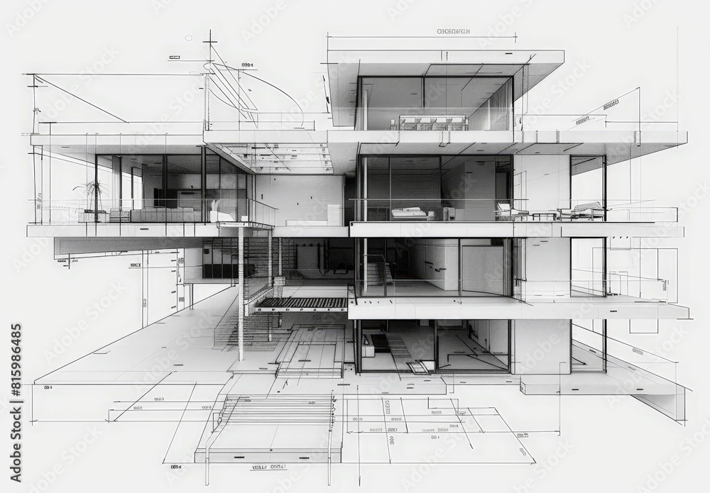 Aufkleber Wireframe rendering of a contemporary house with technical details