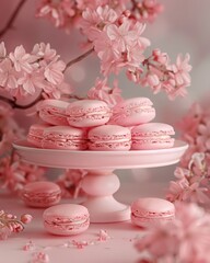 Delicious pink macarons on a stand decorated with pink flowers in a vase.