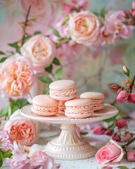 Fototapeta na wymiar Delicious pink macarons on a stand decorated with pink flowers in a vase.