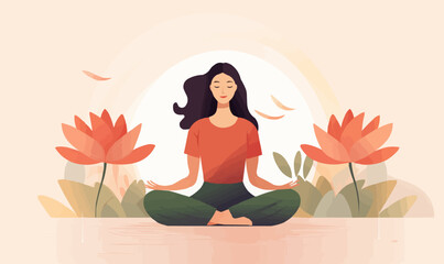 Woman sitting with a flower illustration in the background, good mental health yoga lifestyle and selfcare vector