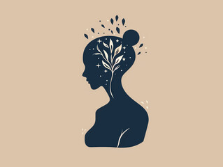 Silhouette of a woman's profile with botanical and celestial elements in navy blue on a tan background.
