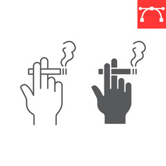 Hand hold cigarette line and glyph icon, addiction and nicotine, hand with a cigarette vector icon, vector graphics, editable stroke outline sign, eps 10.