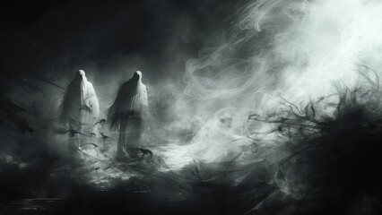 Mysterious Foggy Forest with Ghostly Figures in Monochrome, Perfect for Halloween-Themed Designs and Dark, Moody Backgrounds 8K Wallpaper High-resolution