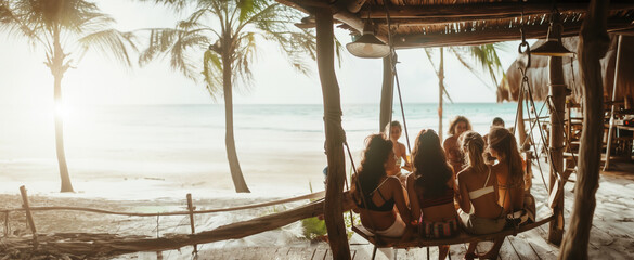 A wide angle photo, girls laughing and relaxing as a group of girls sit on a tropical beach swing. They sit in a swing wearing swim suits looking at the blue ocean, spring break, bachelorette, pano
