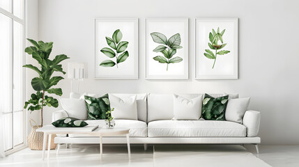 White living room interior with botanical posters on the wall and sofa in the background : Generative AI