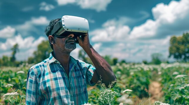 indian farmers experiencing virtual reality technology with vr glasses futuristic agriculture concept photo