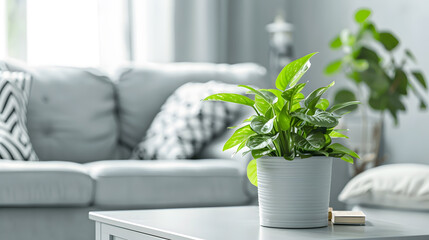Green plant on a scandinavian cabinet with drawer and a cozy couch with pillows in a gray simple living room interior with place for a coffee table Real photo : Generative AI