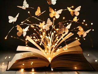 Open Book with Butterflies Emerging from Pages with light
