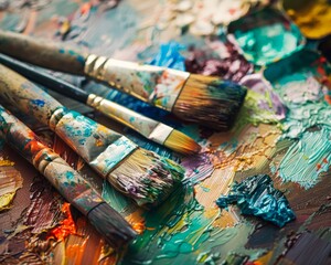 Obraz premium Oil paints and brushes on the palette. Close-up.